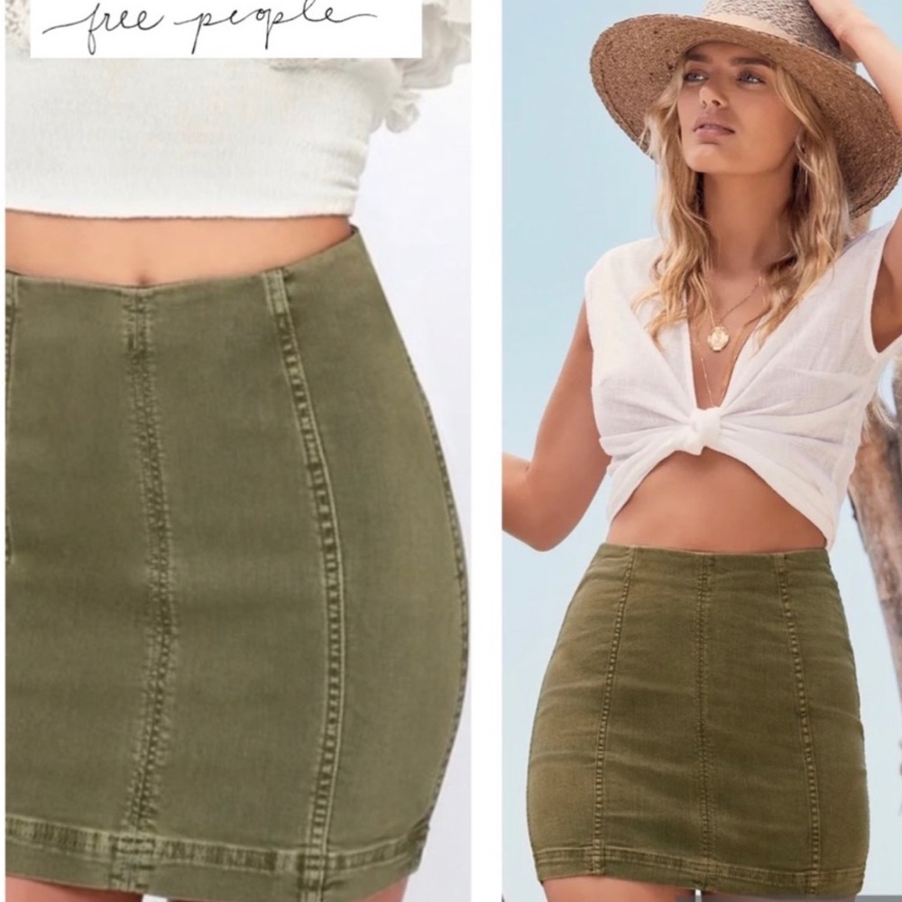NWT Free People FP Modern Femme Olive Green Bodycon Denim Mini Skirt Size 12